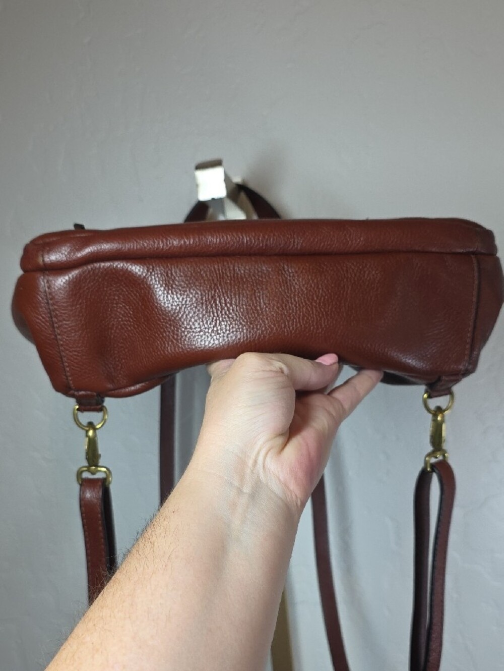 Fossil Amelia Brown Pebbled Leather Convertible Backpack Top Handle Bag Gold Key - Picture 7 of 16